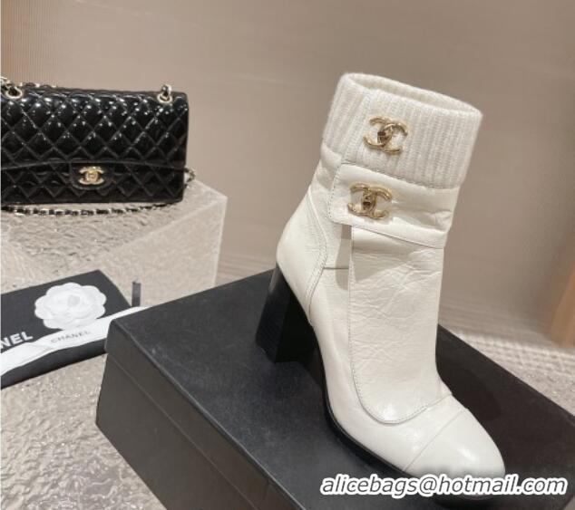 Shop Duplicate Chanel Calfskin and Knit Heel Ankle Boots White 011033