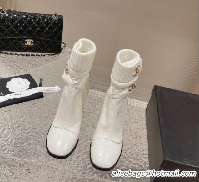 Shop Duplicate Chanel Calfskin and Knit Heel Ankle Boots White 011033