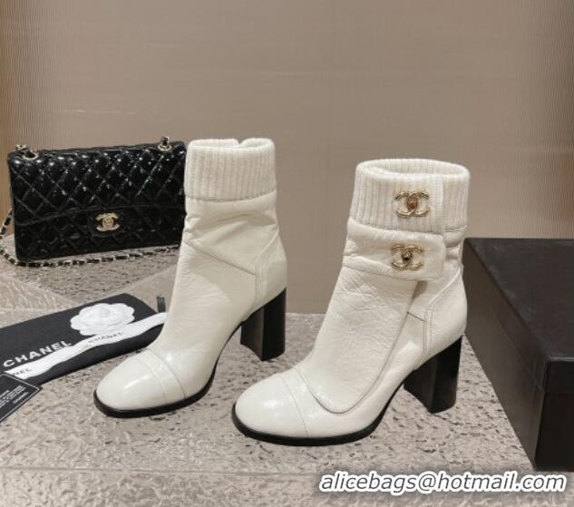 Shop Duplicate Chanel Calfskin and Knit Heel Ankle Boots White 011033