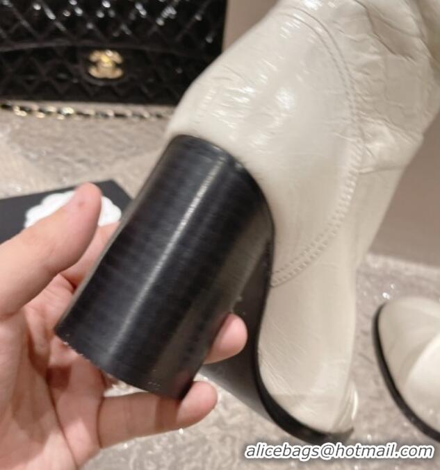 Shop Duplicate Chanel Calfskin and Knit Heel Ankle Boots White 011033