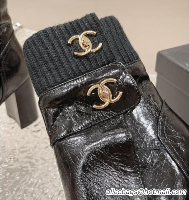 Low Cost Chanel Calfskin and Knit Heel Ankle Boots Black 011034