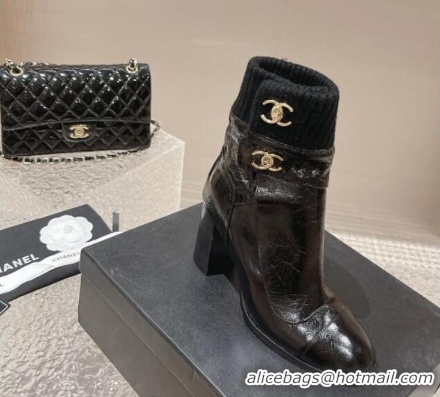 Low Cost Chanel Calfskin and Knit Heel Ankle Boots Black 011034