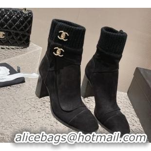 Discount Fashion Chanel Suede and Knit Heel Ankle Boots Black 011035