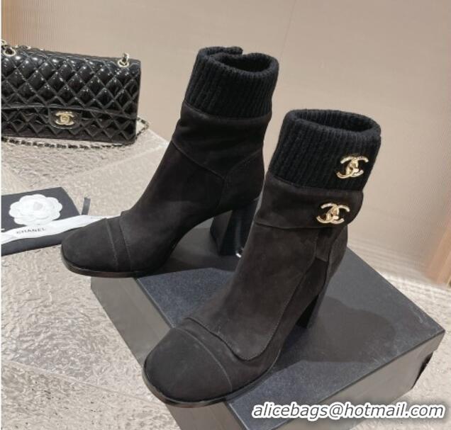 Discount Fashion Chanel Suede and Knit Heel Ankle Boots Black 011035