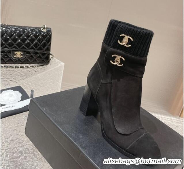 Discount Fashion Chanel Suede and Knit Heel Ankle Boots Black 011035