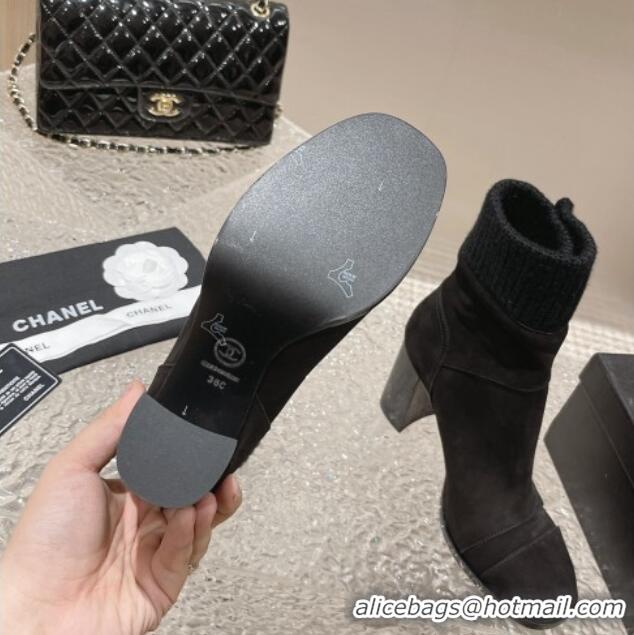 Discount Fashion Chanel Suede and Knit Heel Ankle Boots Black 011035