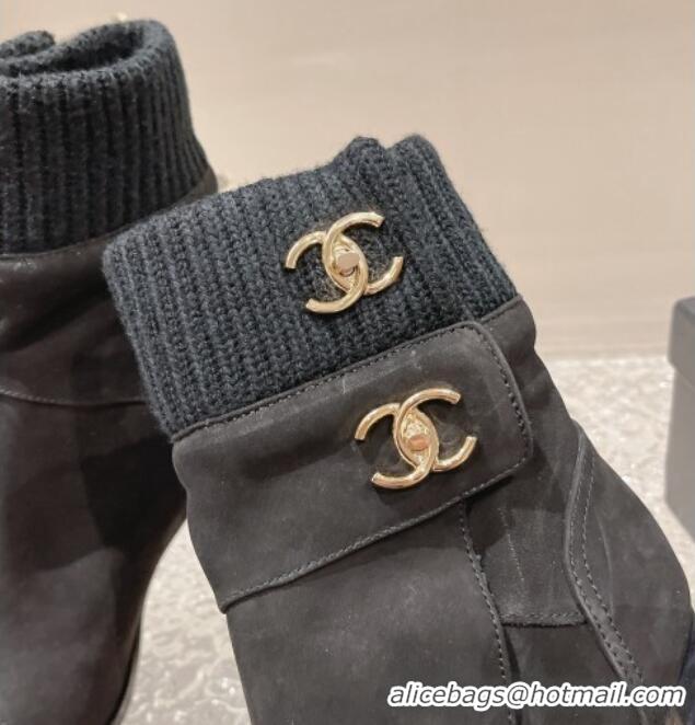 Discount Fashion Chanel Suede and Knit Heel Ankle Boots Black 011035