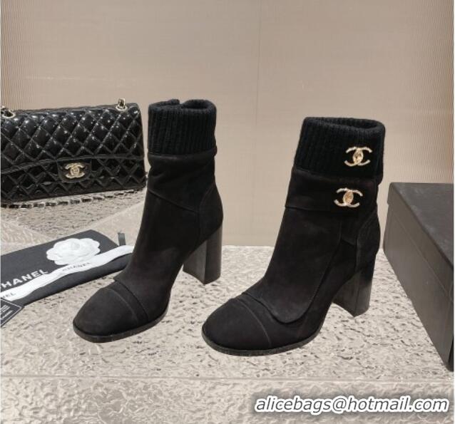 Discount Fashion Chanel Suede and Knit Heel Ankle Boots Black 011035