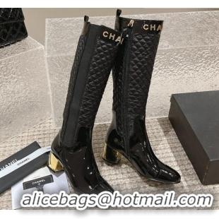 Luxury Chanel Patent Calfskin and Quilted Fabric Heel High Boots Black 1011036