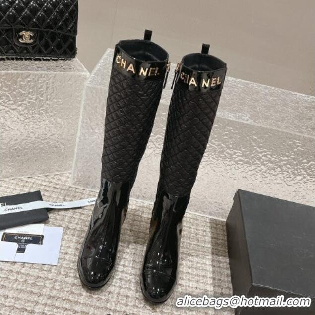 Luxury Chanel Patent Calfskin and Quilted Fabric Heel High Boots Black 1011036