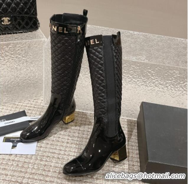 Luxury Chanel Patent Calfskin and Quilted Fabric Heel High Boots Black 1011036