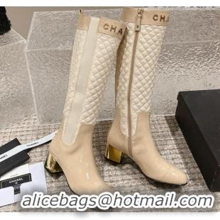 Good Looking Chanel Patent Calfskin and Quilted Fabric Heel High Boots Beige 011037