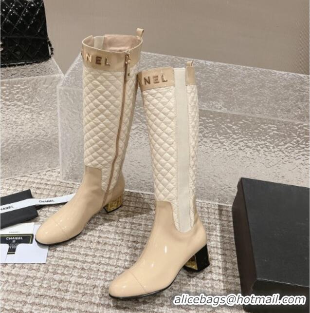 Good Looking Chanel Patent Calfskin and Quilted Fabric Heel High Boots Beige 011037