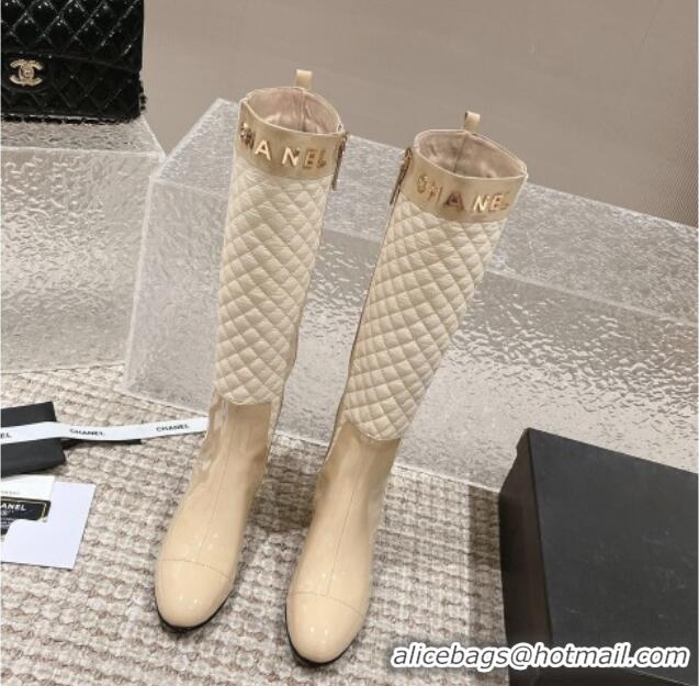 Good Looking Chanel Patent Calfskin and Quilted Fabric Heel High Boots Beige 011037