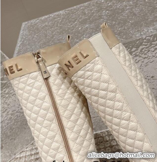 Good Looking Chanel Patent Calfskin and Quilted Fabric Heel High Boots Beige 011037