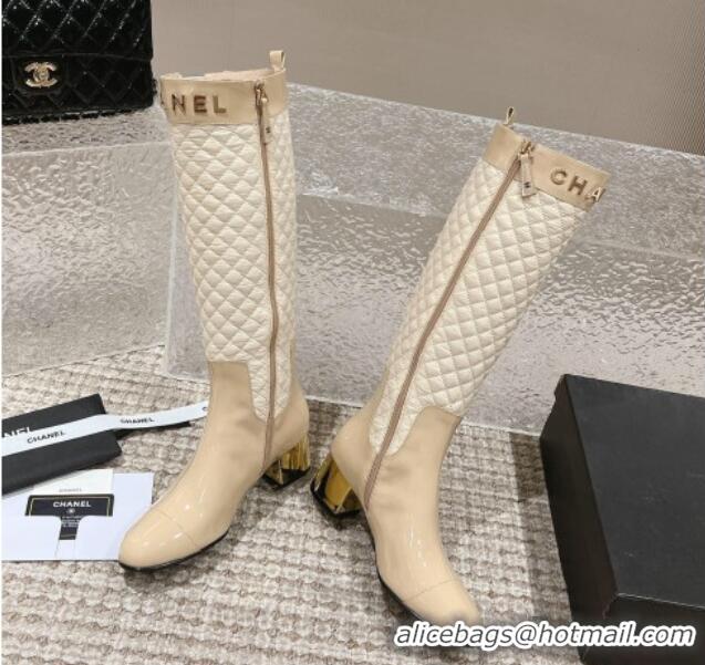 Good Looking Chanel Patent Calfskin and Quilted Fabric Heel High Boots Beige 011037