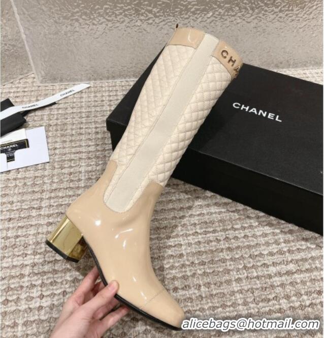 Good Looking Chanel Patent Calfskin and Quilted Fabric Heel High Boots Beige 011037