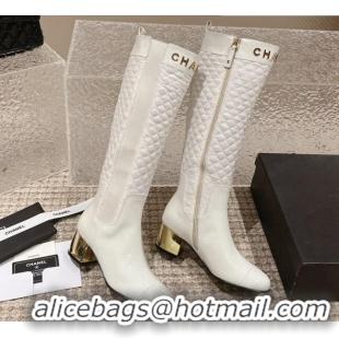 Best Product Chanel Patent Calfskin and Quilted Fabric Heel High Boots White 011038