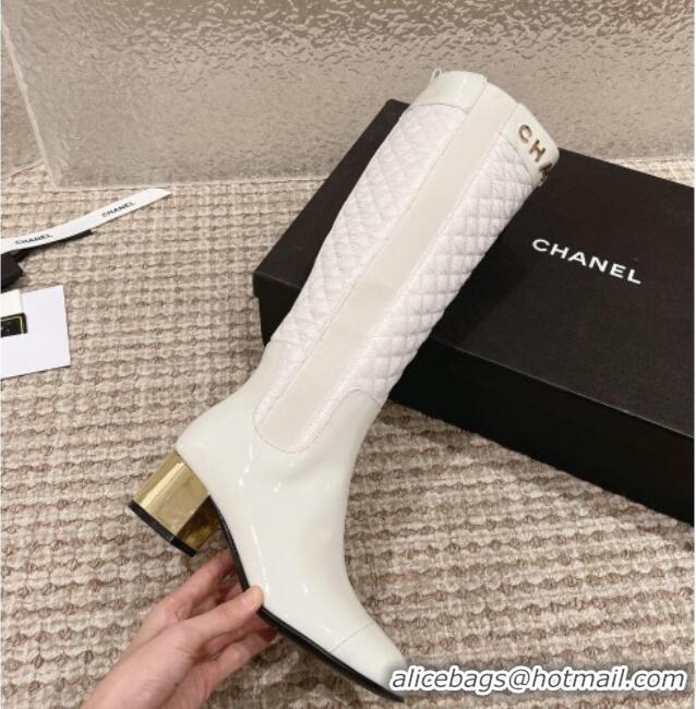 Best Product Chanel Patent Calfskin and Quilted Fabric Heel High Boots White 011038