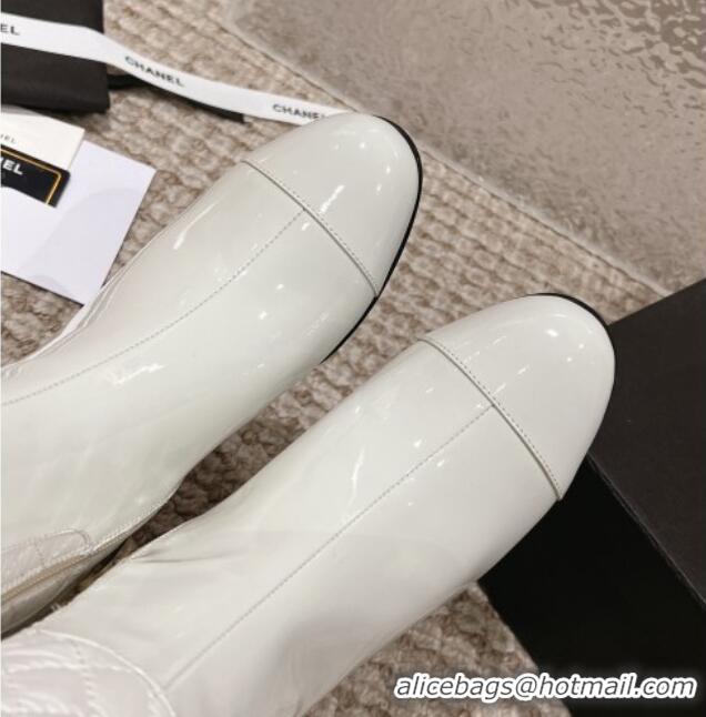 Best Product Chanel Patent Calfskin and Quilted Fabric Heel High Boots White 011038