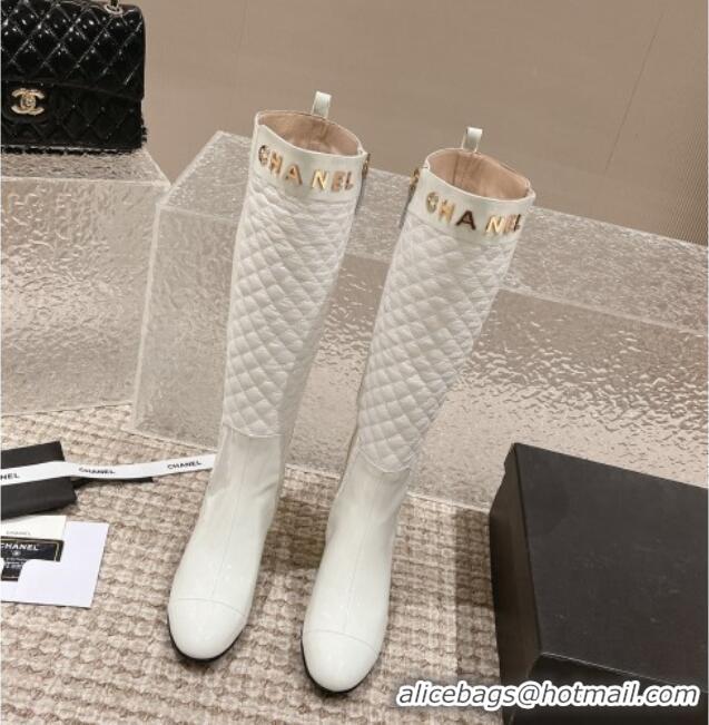 Best Product Chanel Patent Calfskin and Quilted Fabric Heel High Boots White 011038