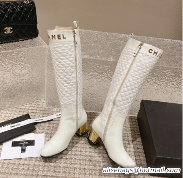 Best Product Chanel Patent Calfskin and Quilted Fabric Heel High Boots White 011038