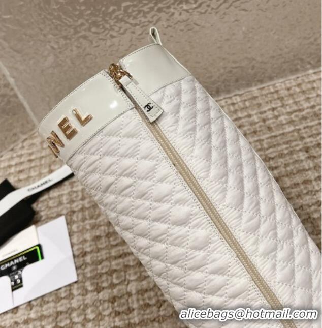 Best Product Chanel Patent Calfskin and Quilted Fabric Heel High Boots White 011038