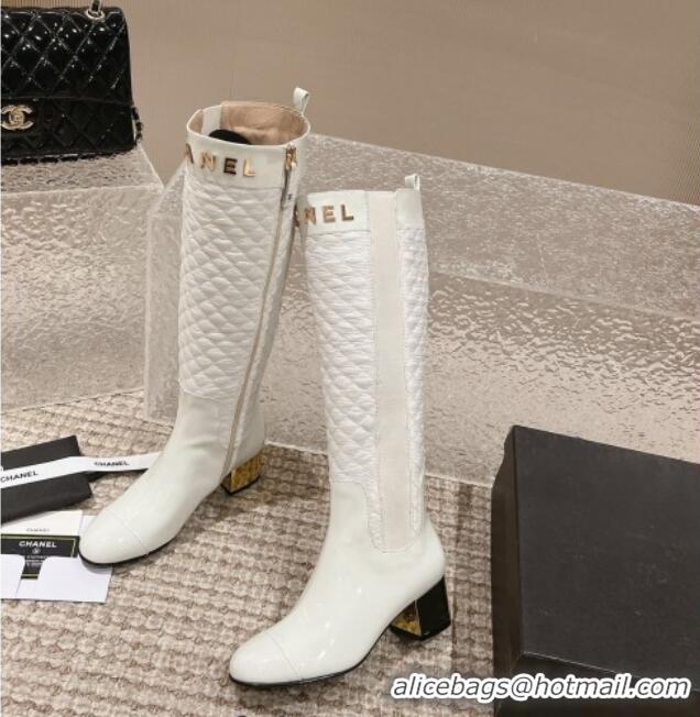 Best Product Chanel Patent Calfskin and Quilted Fabric Heel High Boots White 011038