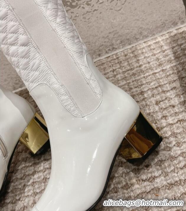 Best Product Chanel Patent Calfskin and Quilted Fabric Heel High Boots White 011038