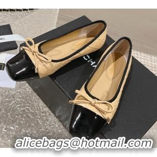 Good Quality Chanel CC Quilted Calfskin Flat Ballet with Bow Beige 011040