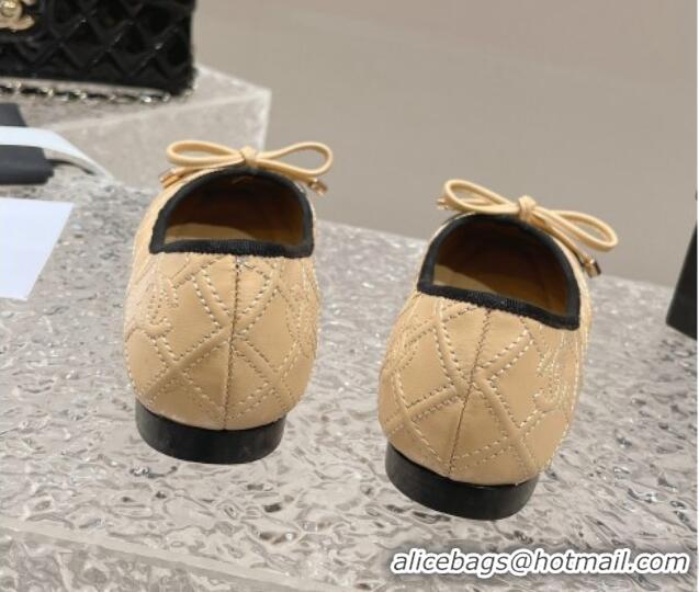 Good Quality Chanel CC Quilted Calfskin Flat Ballet with Bow Beige 011040