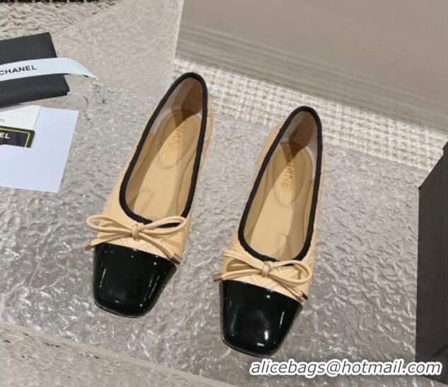 Good Quality Chanel CC Quilted Calfskin Flat Ballet with Bow Beige 011040