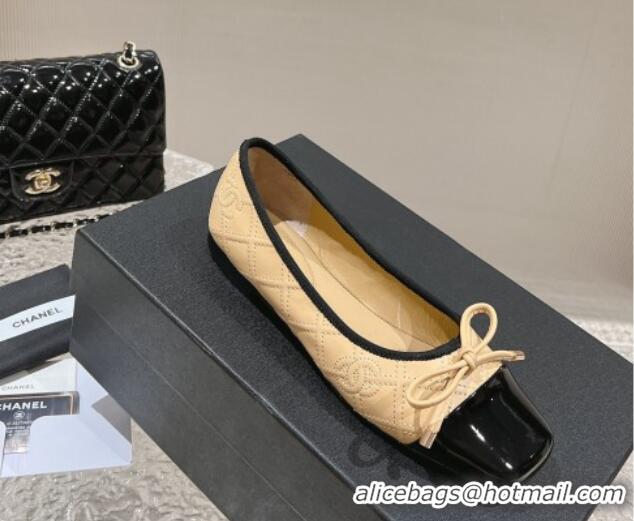 Good Quality Chanel CC Quilted Calfskin Flat Ballet with Bow Beige 011040