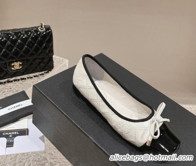 Charming Chanel CC Quilted Calfskin Flat Ballet with Bow White 011041