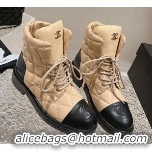 Top Grade Chanel Quilted Calfskin Lace-up Ankle Boots Beige 011042