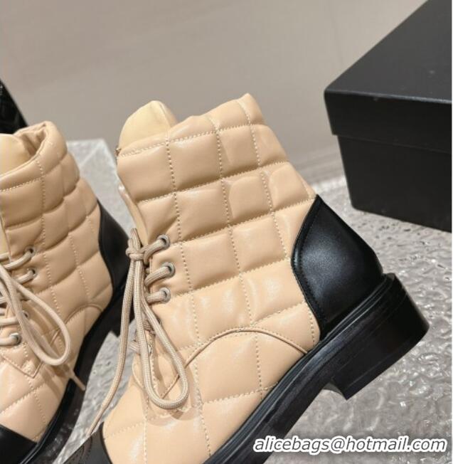 Top Grade Chanel Quilted Calfskin Lace-up Ankle Boots Beige 011042