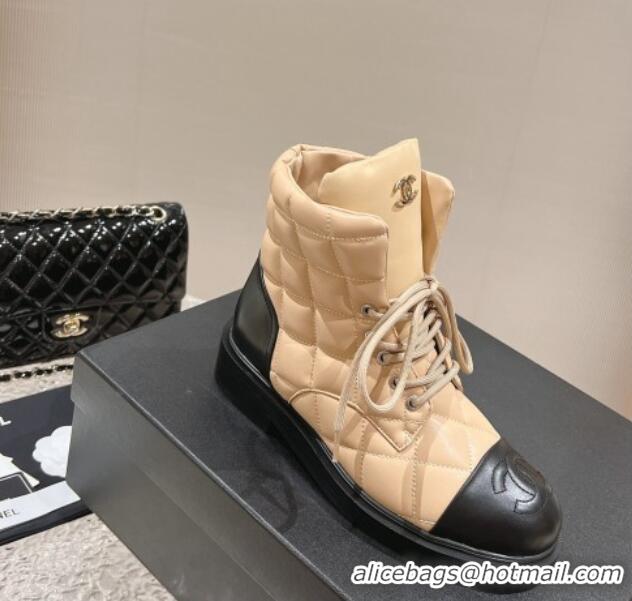 Top Grade Chanel Quilted Calfskin Lace-up Ankle Boots Beige 011042