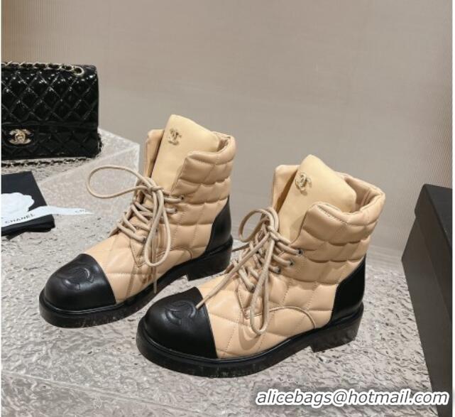 Top Grade Chanel Quilted Calfskin Lace-up Ankle Boots Beige 011042