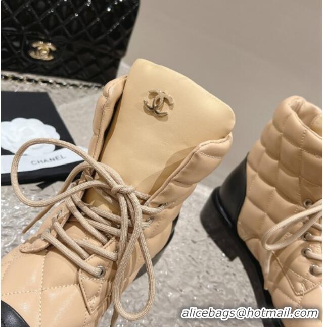 Top Grade Chanel Quilted Calfskin Lace-up Ankle Boots Beige 011042