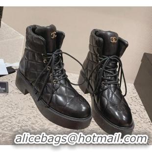 Good Taste Chanel Quilted Calfskin Lace-up Ankle Boots Black 011043