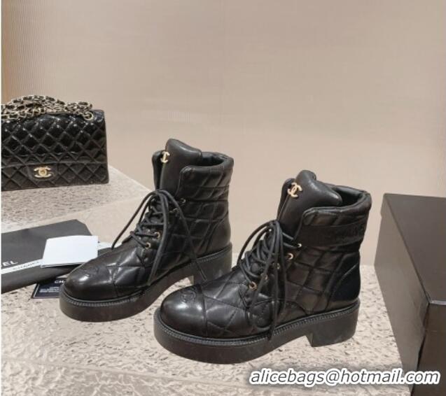 Good Taste Chanel Quilted Calfskin Lace-up Ankle Boots Black 011043