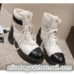 Unique Style Chanel Quilted Calfskin Lace-up Ankle Boots White 011044