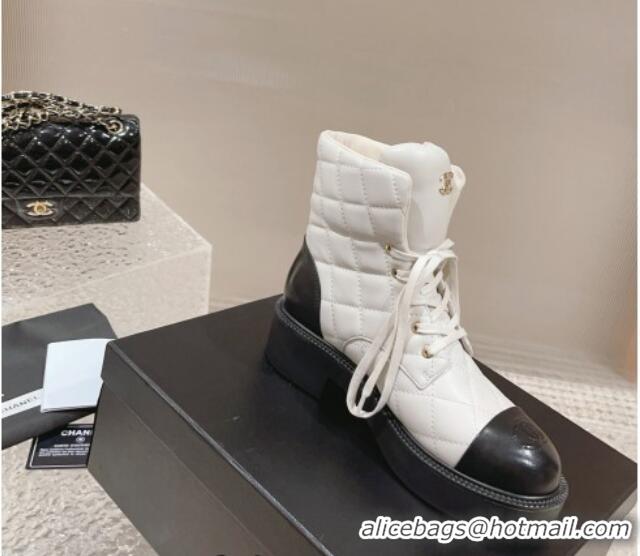 Unique Style Chanel Quilted Calfskin Lace-up Ankle Boots White 011044