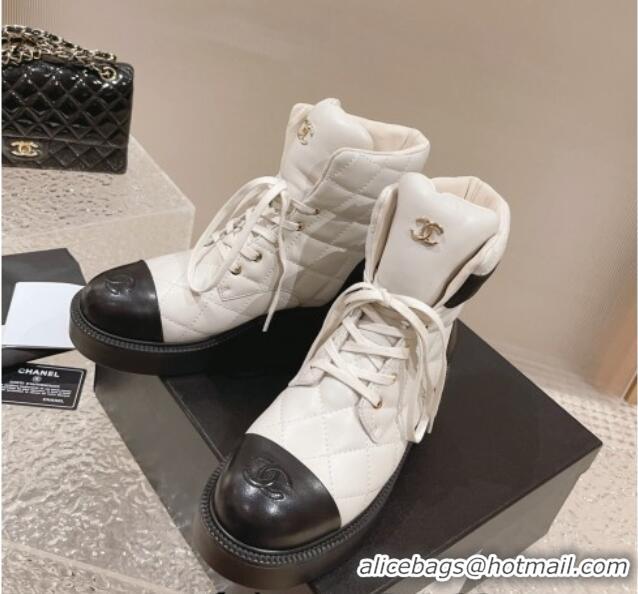 Unique Style Chanel Quilted Calfskin Lace-up Ankle Boots White 011044