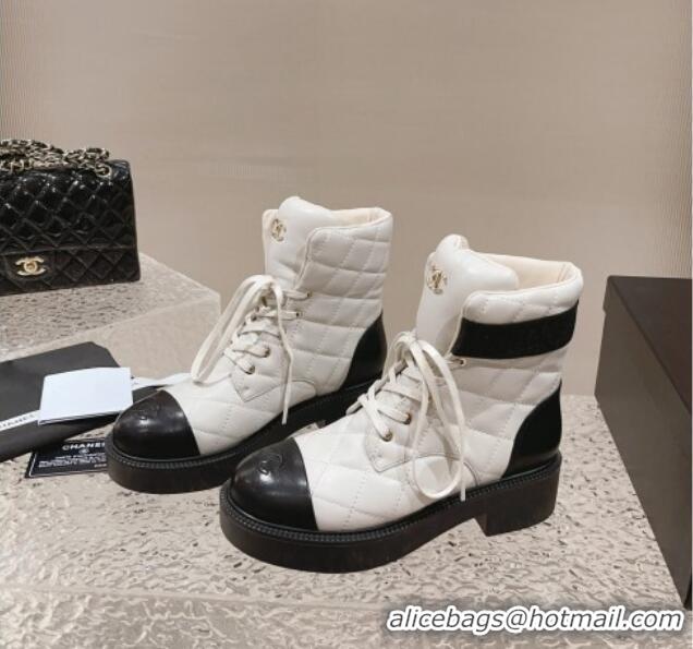 Unique Style Chanel Quilted Calfskin Lace-up Ankle Boots White 011044