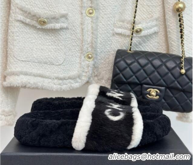 Lower Price Chanel Wool Flat Slide Sandals Black 1011050