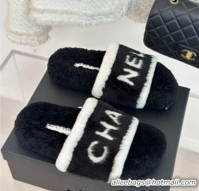 Lower Price Chanel Wool Flat Slide Sandals Black 1011050