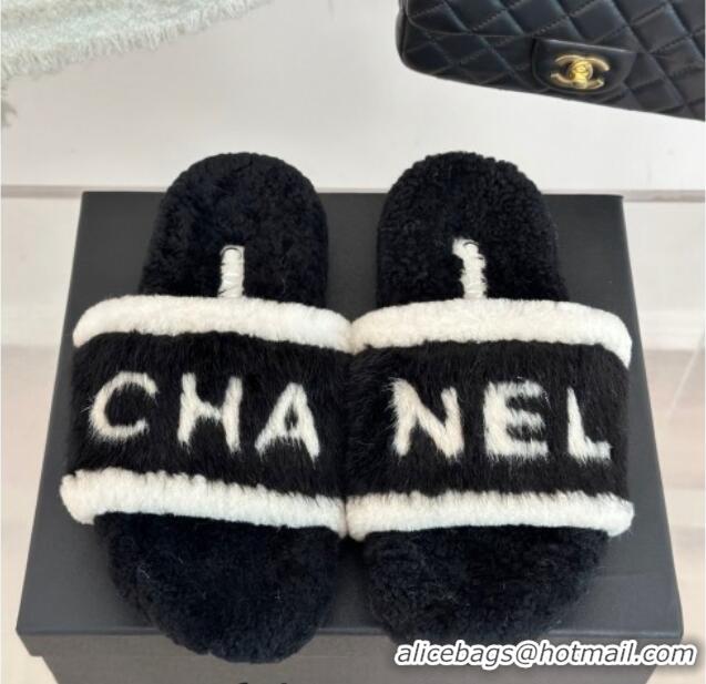 Lower Price Chanel Wool Flat Slide Sandals Black 1011050