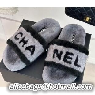 Top Quality Chanel Wool Flat Slide Sandals Grey 011051