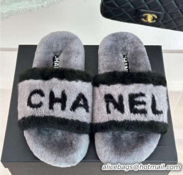 Top Quality Chanel Wool Flat Slide Sandals Grey 011051